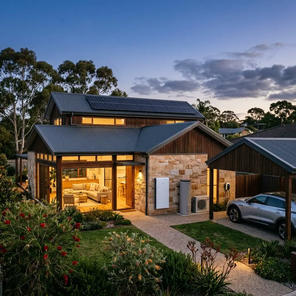 Illustration: Australian home at dusk with rooftop solar, wall-mounted battery, heat pump hot water unit and an EV at its charger