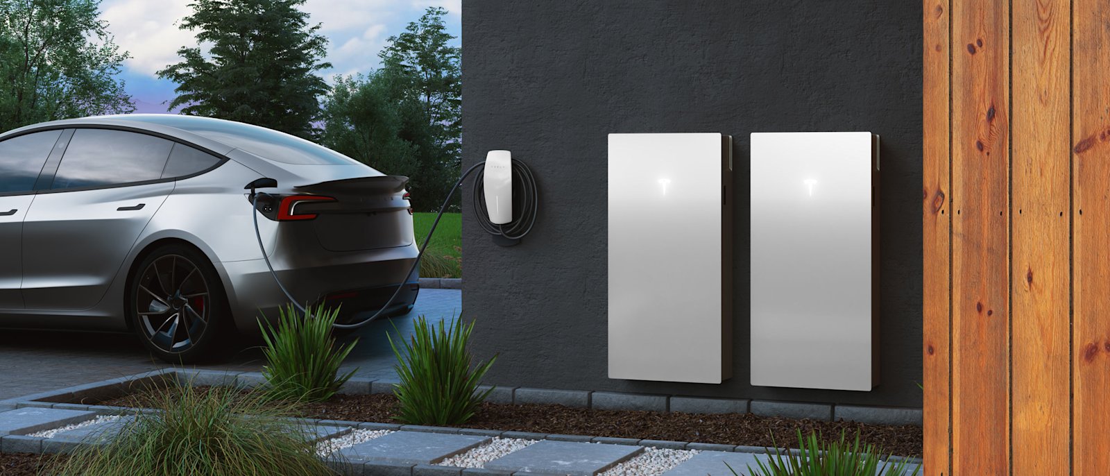 Two Tesla Powerwall 3 units beside a parked car, Tesla manufacturer photo